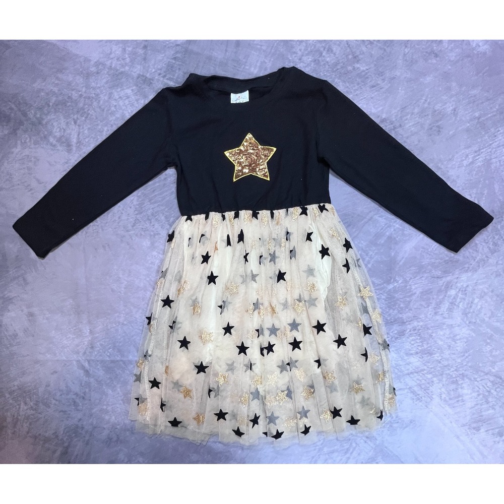 Toddler Gold Star Tutu Dress 4-5Y Black Beige Sequin Long Sleeve Party Princess
